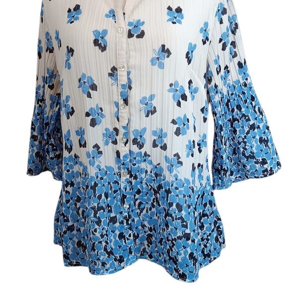 Y2K FASHION BUG Retro Top Blouse Medium Accordion Pleats Flare Floral Bloom Blue - Picture 3 of 8